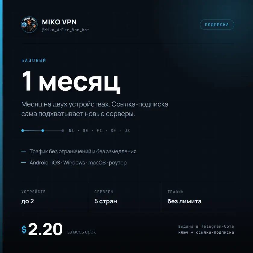 Miko VPN — 1 месяц, 2 устройства