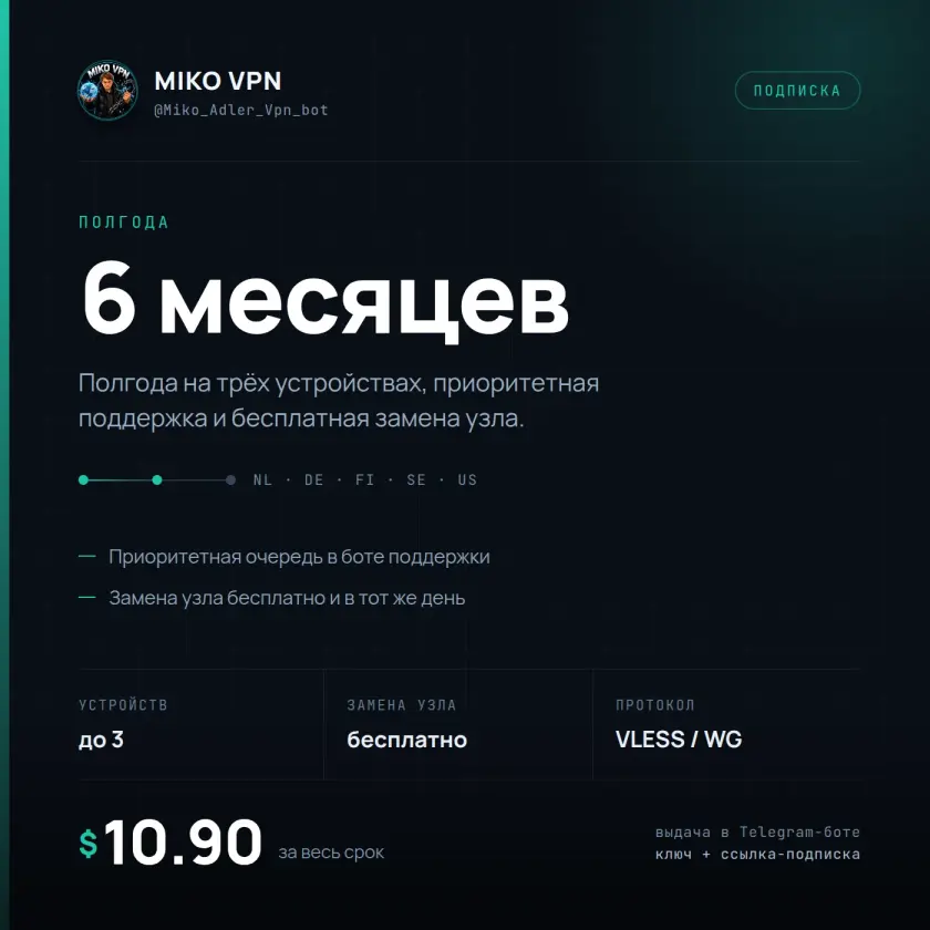 Miko VPN — 6 месяцев, 3 устройства