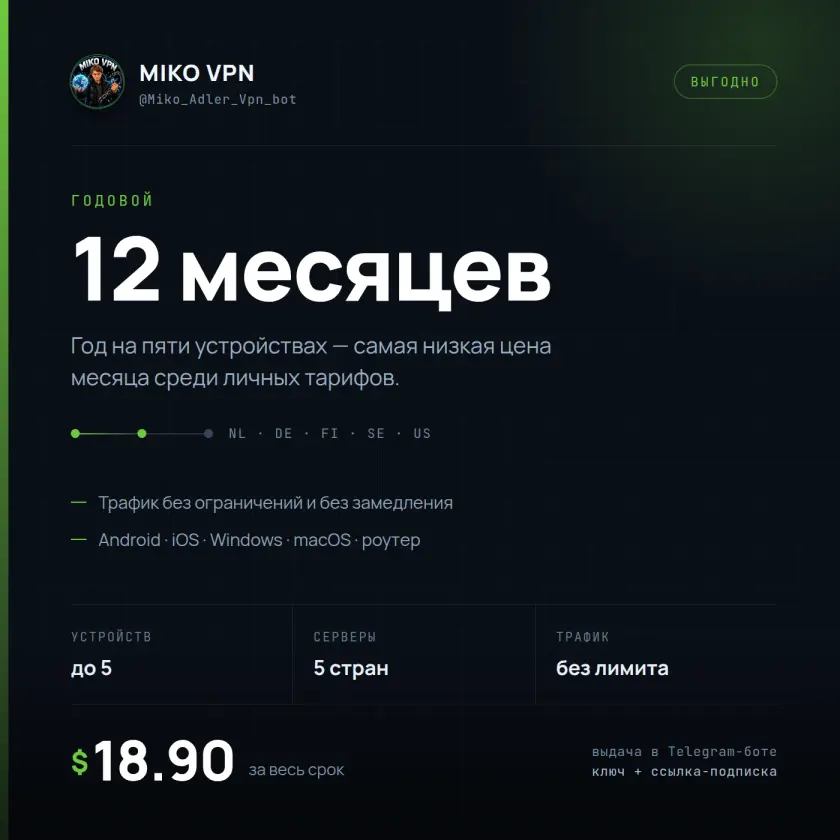 Miko VPN — 12 месяцев, 5 устройств